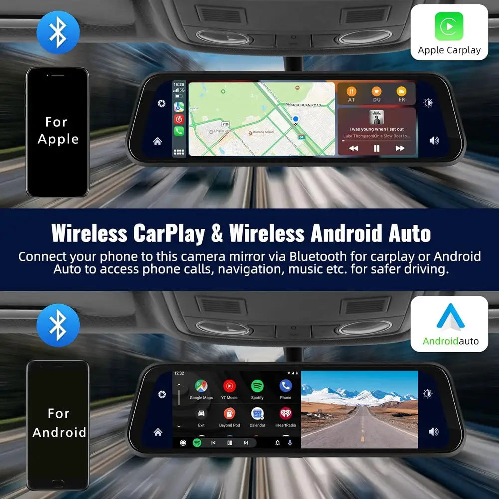 10In Dash Cam 4K 3840x2160P CarPlay Android Auto GPS WiFi Rear Mirror