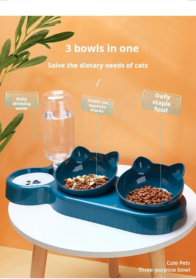 Simples Market blue 3-bowl cat feeding set with gravity water bottle