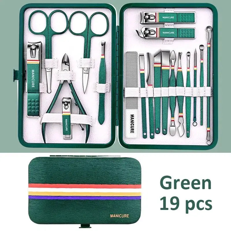 Manicure set, green 19-piece stainless steel in a hard case with scissors, clippers and nail tools