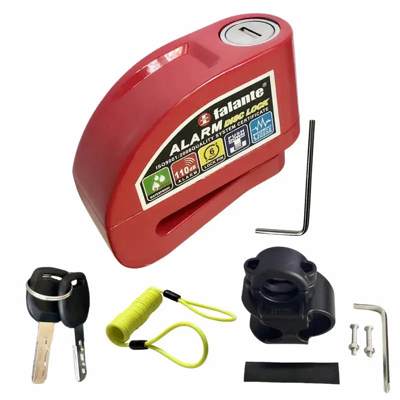 Falante motorcycle alarm disc lock red aluminum alloy kit with bracket, keys, tether rope and screws