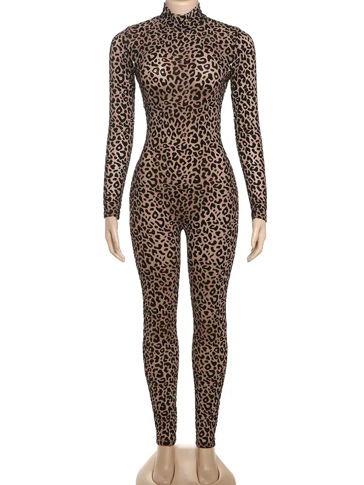 Simples Market Nibber leopard print mesh jumpsuit for women, see-through stretch bodysuit.
