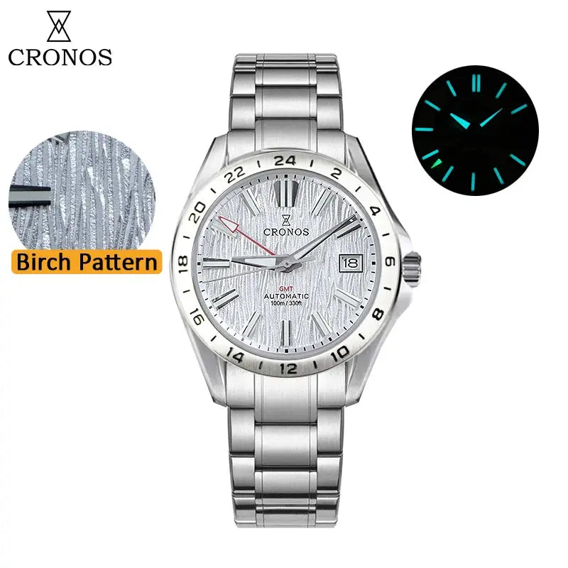 Cronos GS mechanical men's watch 39mm with birch-pattern dial, brushed stainless steel bracelet, GMT, sapphire crystal