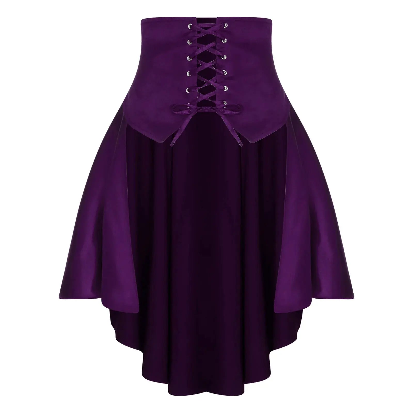 Womens gothic satin pirate skirt with front lace-up corset panel, tiered ruffles and irregular hem in purple