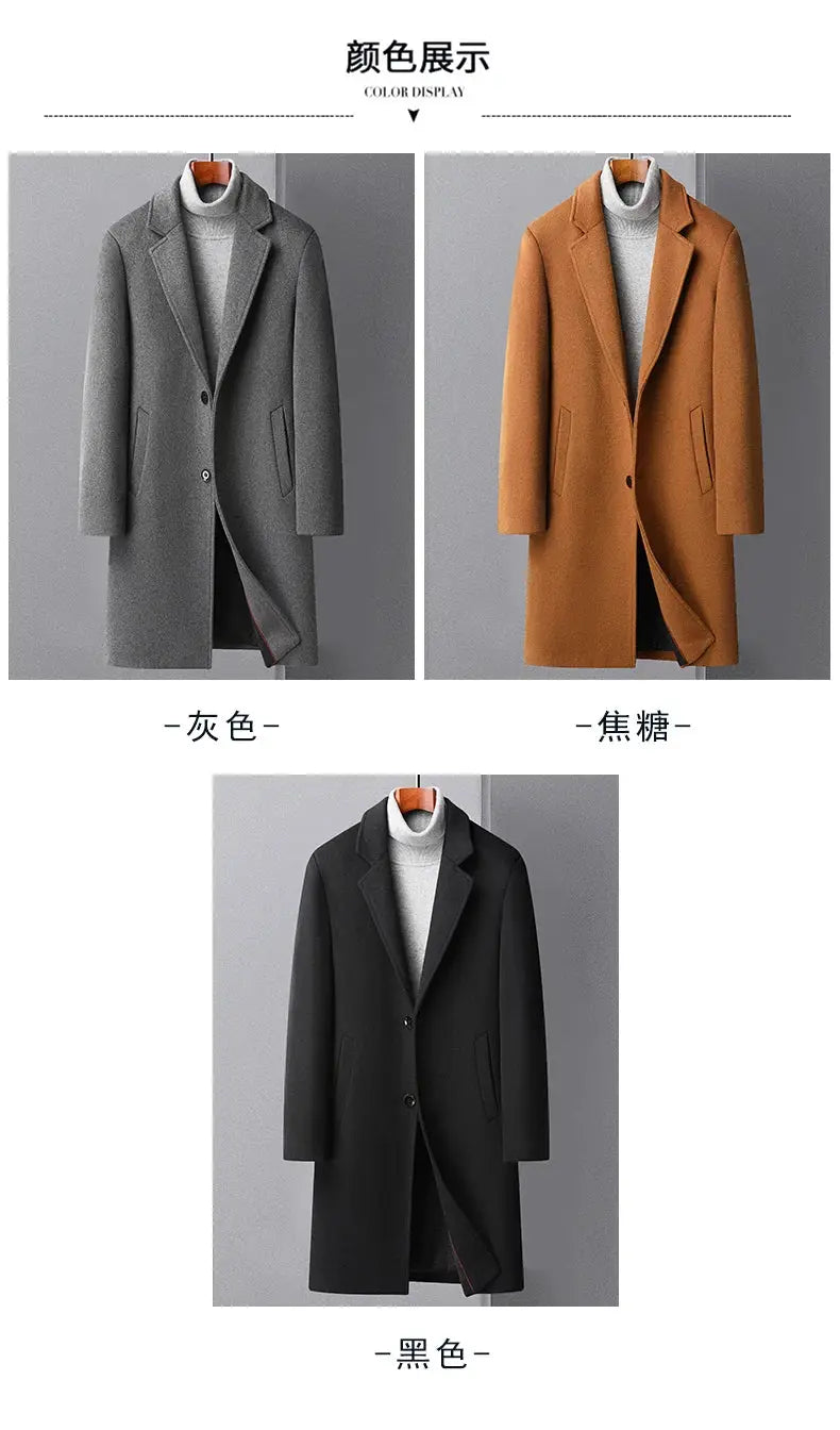 Men's long wool trench coat in gray, camel, and black; 3 color options on display.