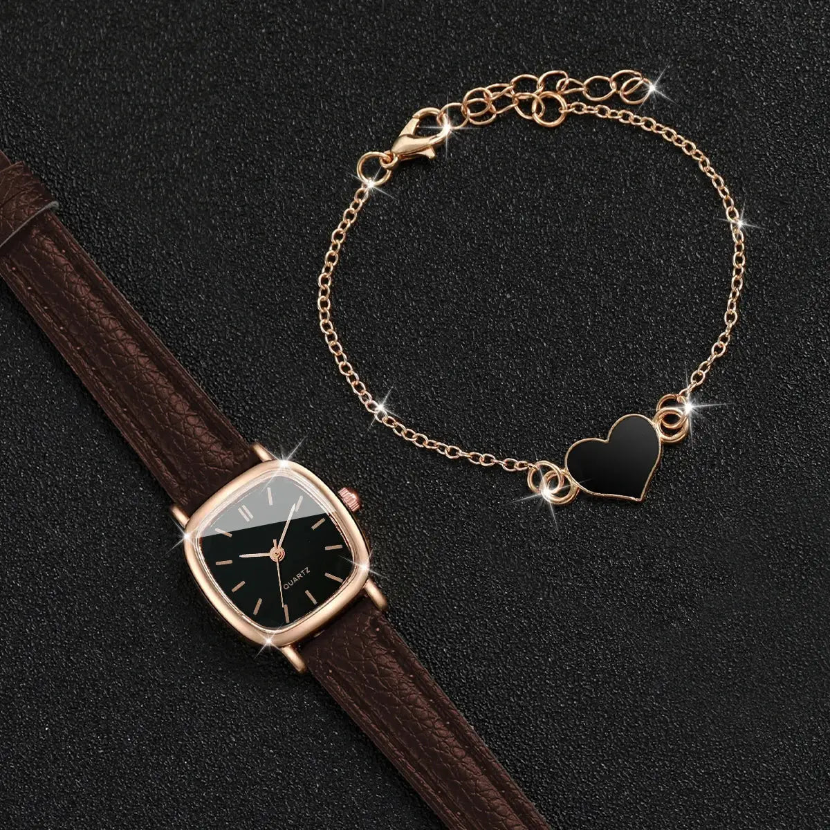 2-piece set: square-faced quartz watch with brown leather strap and rose-gold bracelet with black heart charm