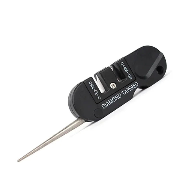 4-in-1 mini knife sharpener, black with diamond-tapered slot and carbide/ceramic surfaces