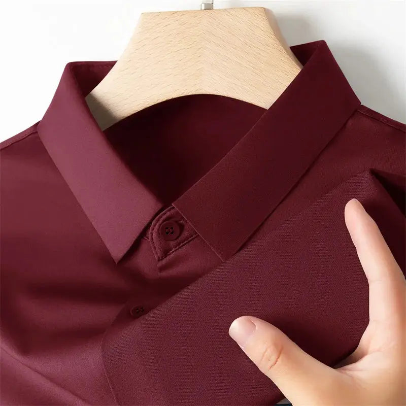 Men's burgundy short-sleeve business casual shirt on hanger, no-iron fabric