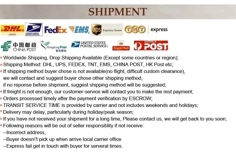 Shipment policy page with major carrier logos (DHL, FedEx, UPS, TNT, USPS, China Post) and shipping terms.
