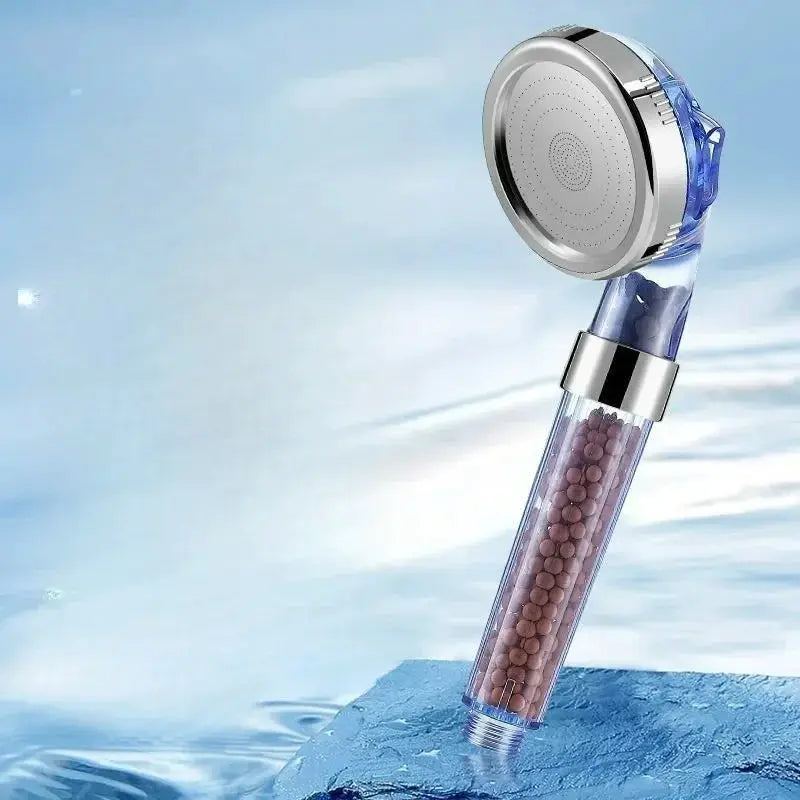 Simples Market handheld rainfall shower head with anion filter, chrome head, blue transparent grip and bead cartridge