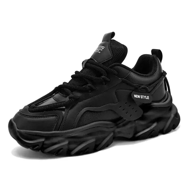 Men's black chunky-soled sneakers with lace-up design and a side tag reading NEW STYLE