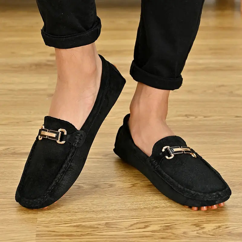 YRZL Men's black suede loafers with gold horsebit detail, slip-on pair