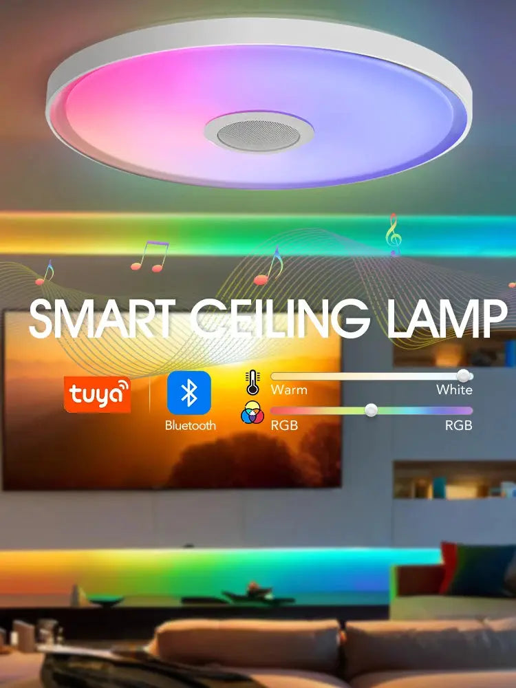 LED smart ceiling lamp with RGB lighting and Bluetooth app control; Tuya logo visible.