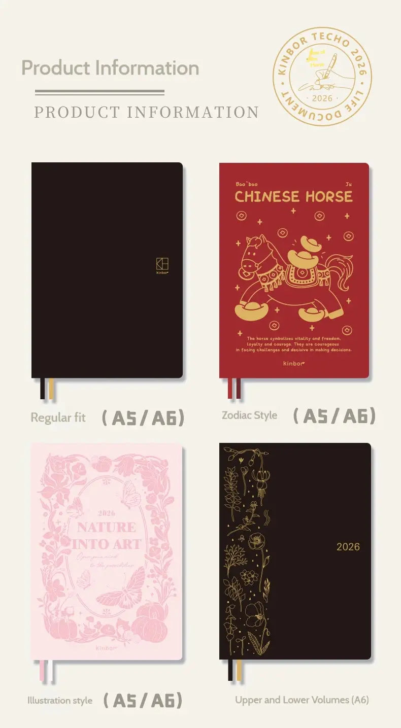 Kinbor notebooks set of four (A5/A6) in black, red zodiac, pink illustration, and dark brown floral upper/lower volumes.