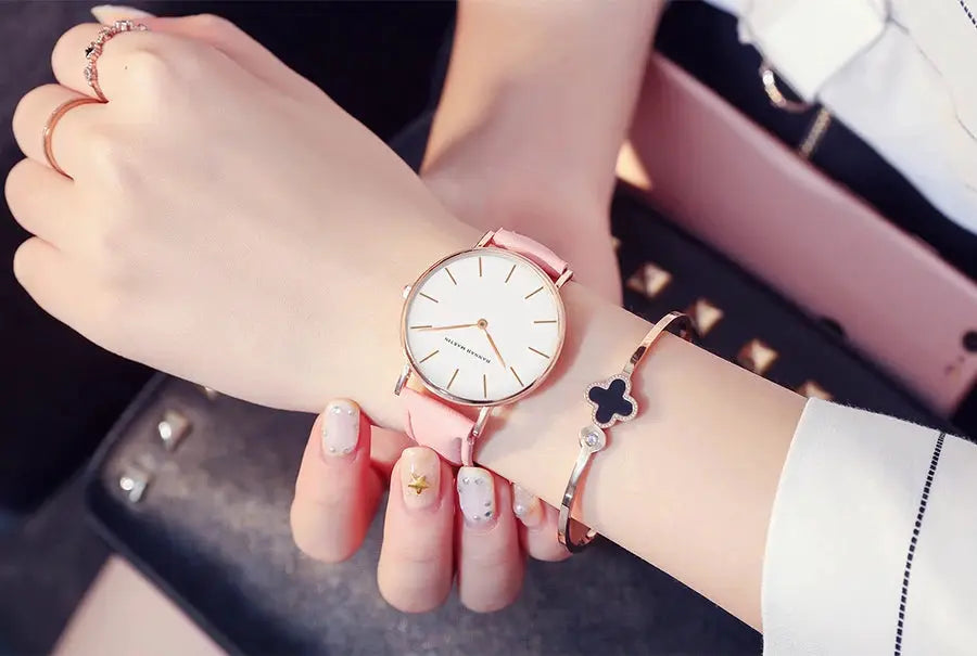 HANNAH MARTIN women's waterproof watch, pink leather strap, rose-gold case, white dial (36mm)