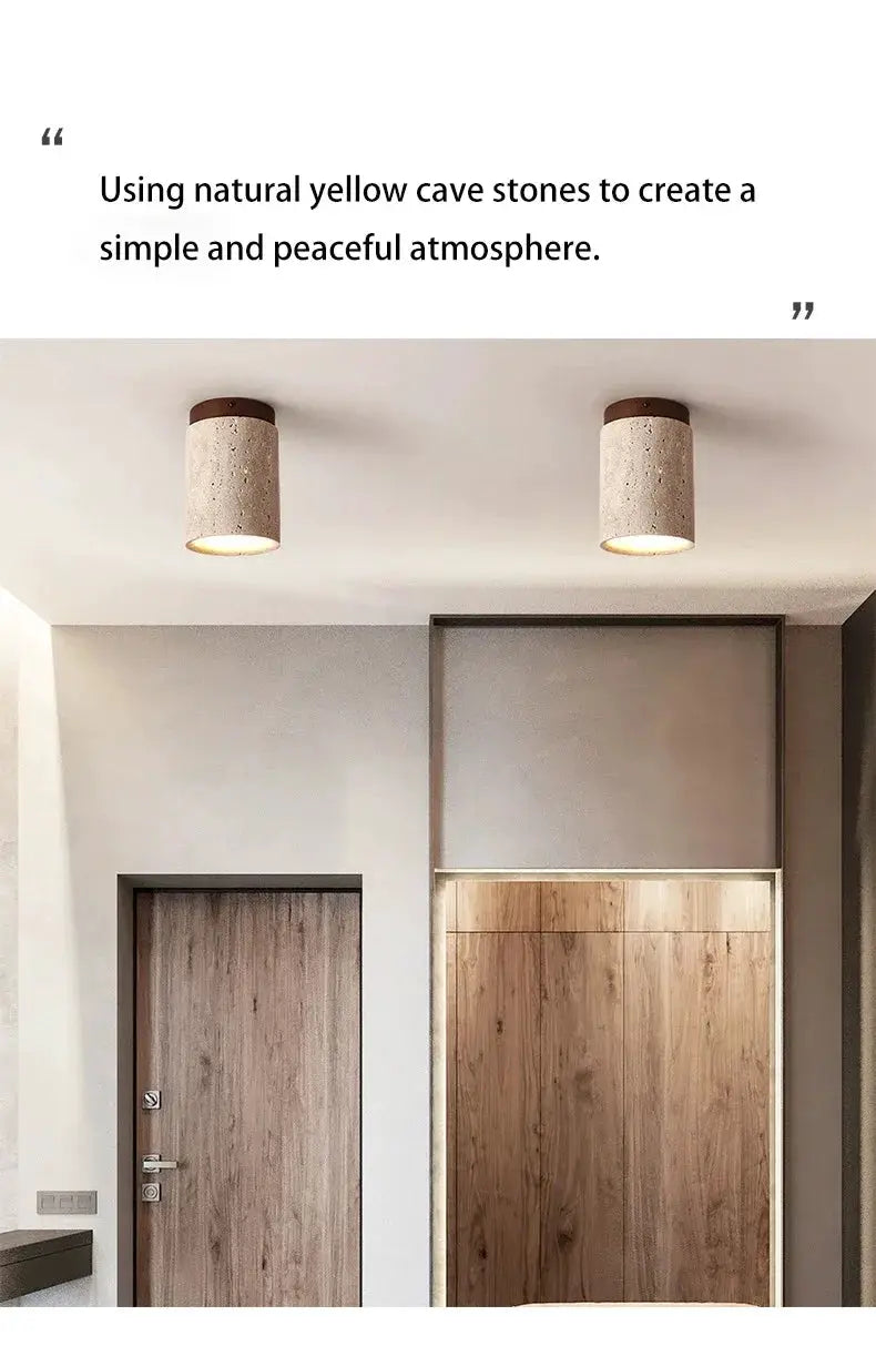 Japanese-style LED ceiling lamp round downlight, surface-mounted with stone-wood finish, pair of fixtures.