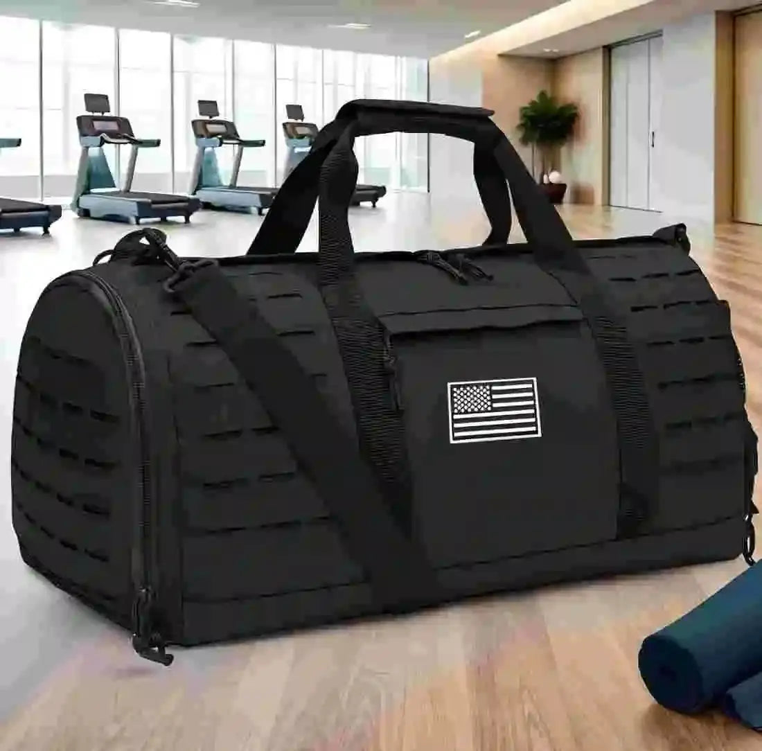 Black 40L tactical gym duffel bag with US flag patch and dual carry handles