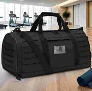 Black 40L tactical gym duffel bag with US flag patch and dual carry handles