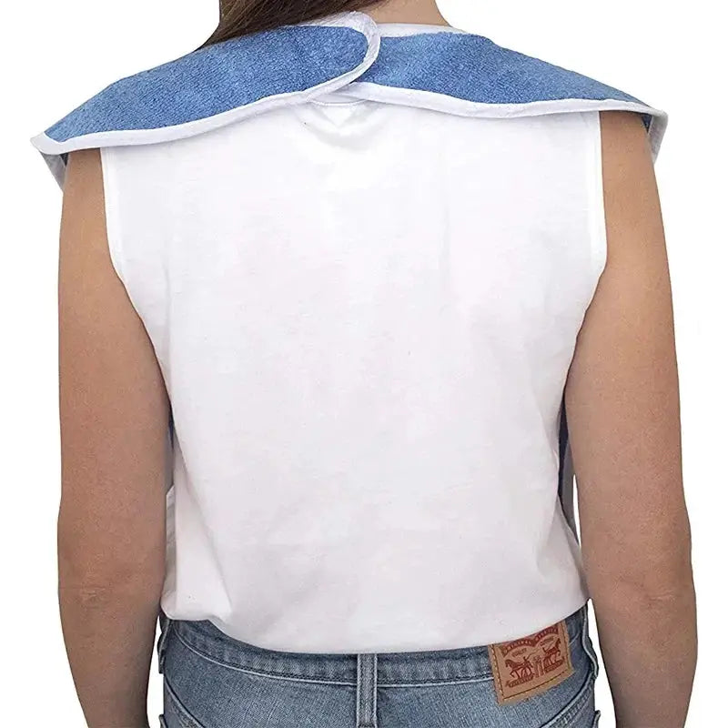 Waterproof adult bib apron by Simples Market; white body with blue towel collar, back view