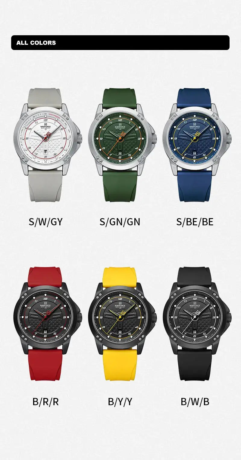 Naviforce men's casual quartz wristwatches set with six silicone straps in assorted colors