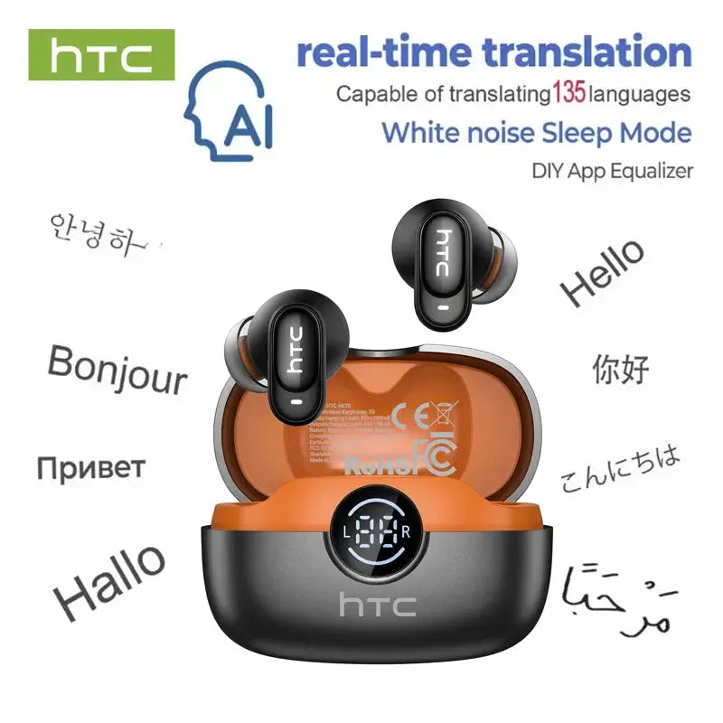 HTC NE79 TWS Bluetooth earbuds with orange charging case and LED display