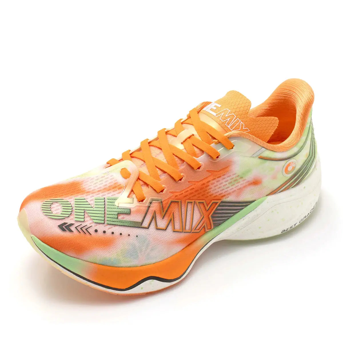 ONEMIX Marathon Carbon Plate running shoe for men, orange with mint-green accents and white midsole.
