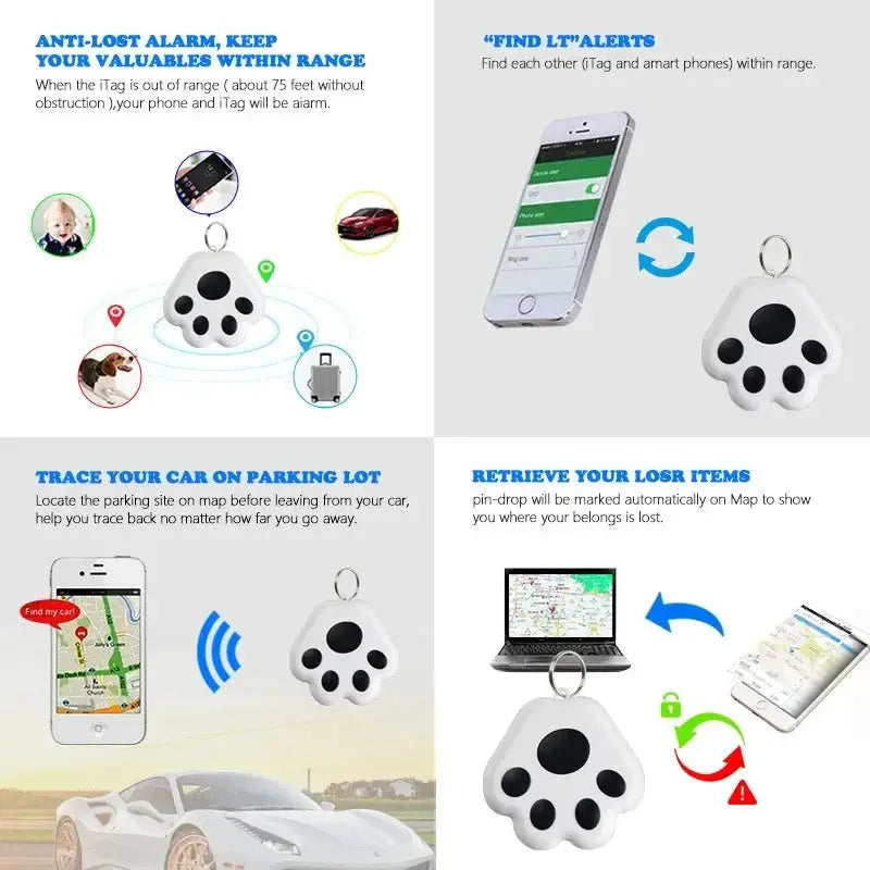 Mini paw-shaped GPS tracker by Simples Market, white Bluetooth pet locator for IOS/Android.