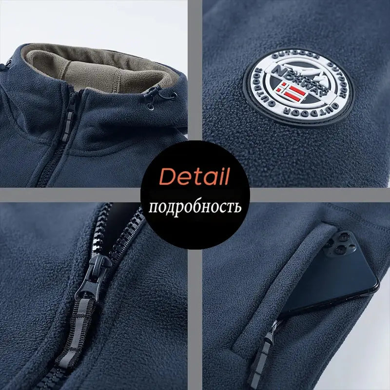 Men's fleece hooded jacket by Simples Market, navy windproof coat with Norwegian badge and zip pockets