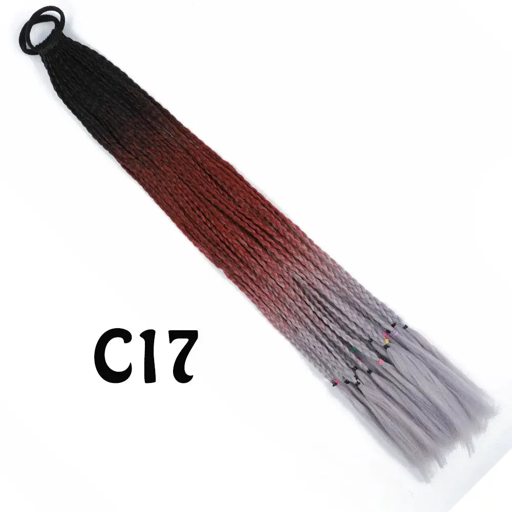 Simples Market synthetic gradient braided ponytail extension with elastic band, 24 inches long, black-red-gray ombré