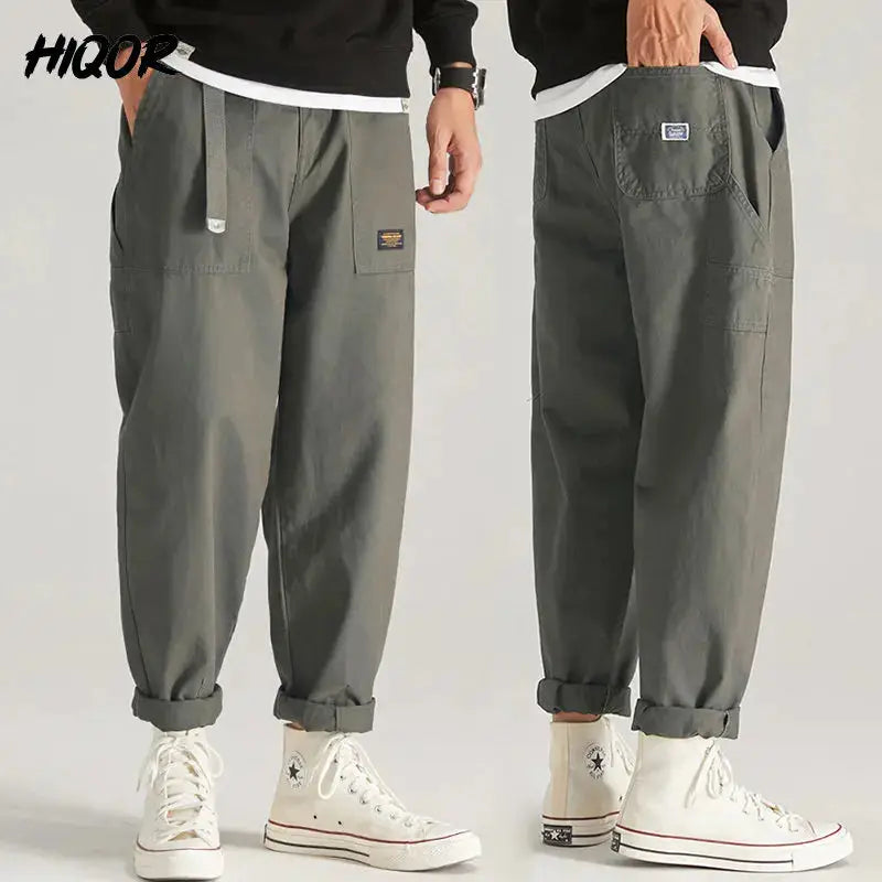 HIQOR men's cargo jogger pants in olive gray with multiple pockets and rolled cuffs; two pairs shown, Simples Market
