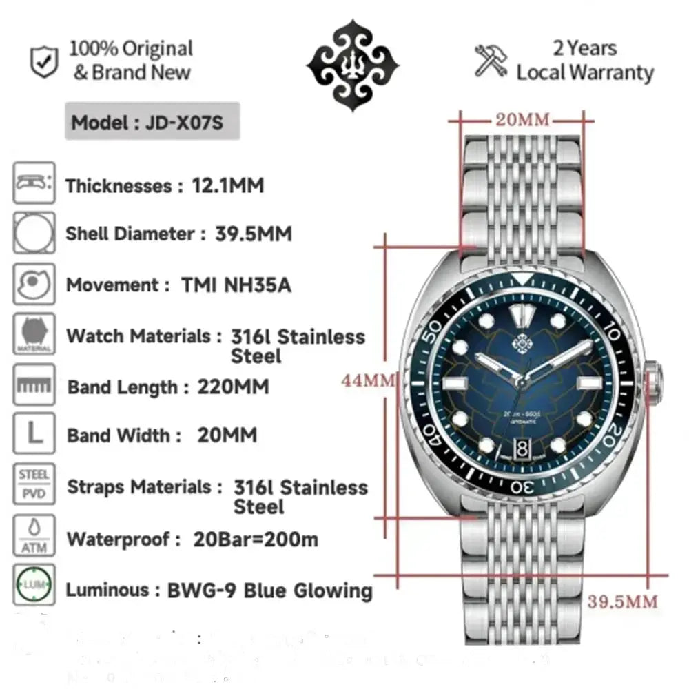 IXDAO IPOSE 2026 men's automatic dive watch with blue Poseidon dial and stainless steel bracelet, 200m water resistance