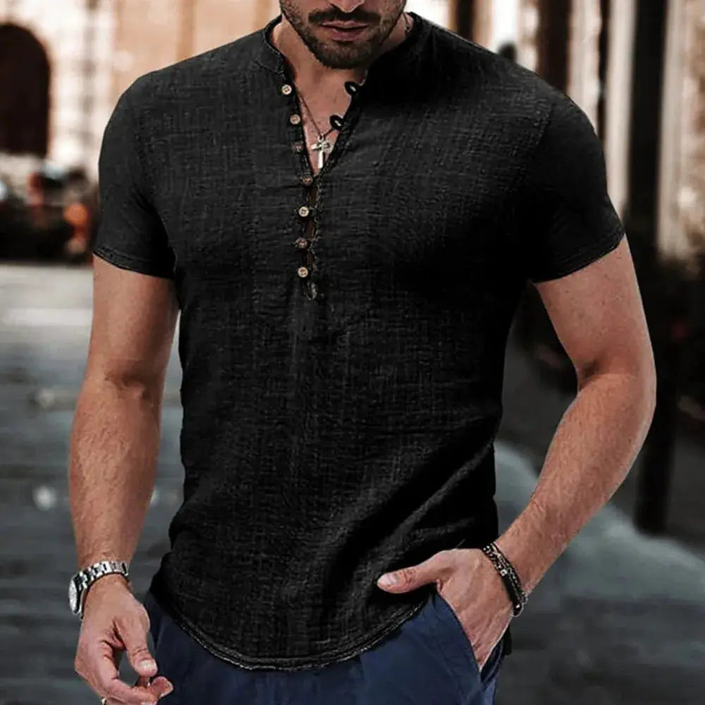 Men's black cotton-linen short-sleeve Henley shirt with button placket
