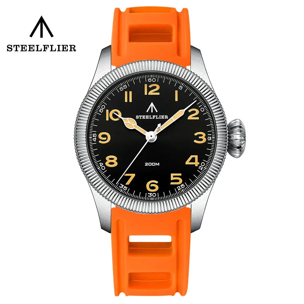 STEELFLIER wristwatch with orange silicone strap and black dial