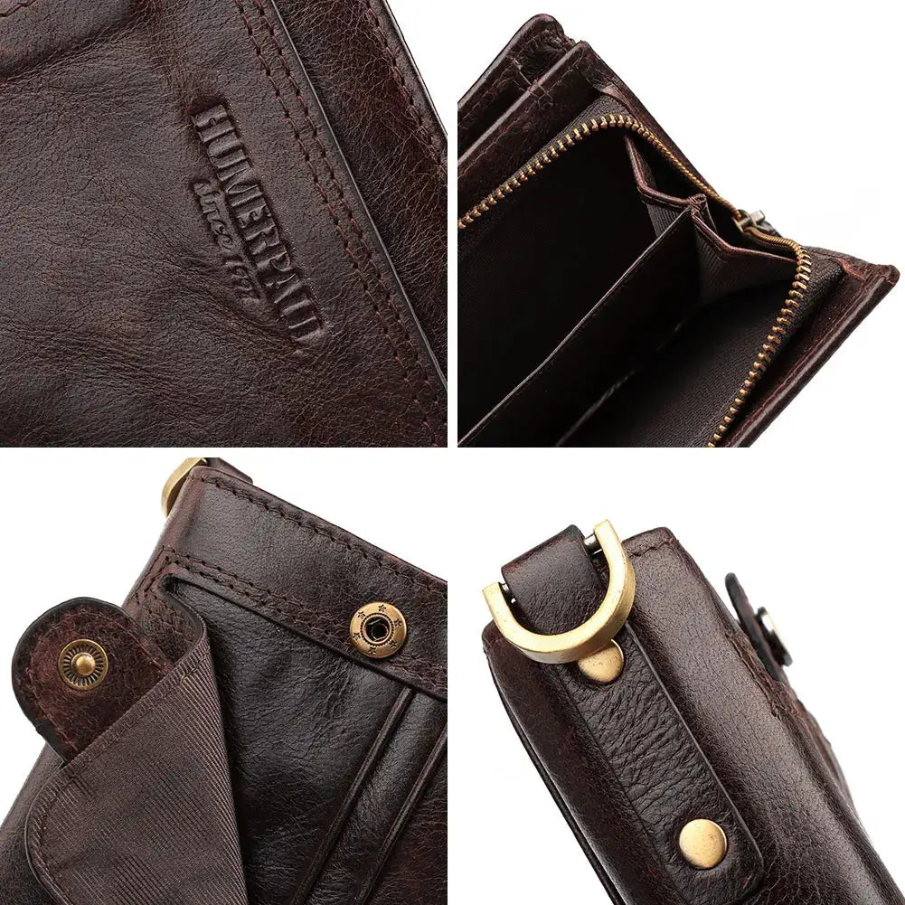 Simples Market real leather men's wallet RFID-blocking short bifold with zipper coin pocket, brown