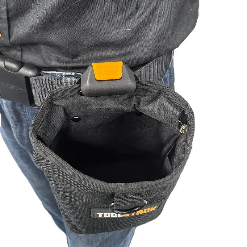 TOOLSTACK nails pouch, black high-capacity waist bag with orange latch, attached to belt.