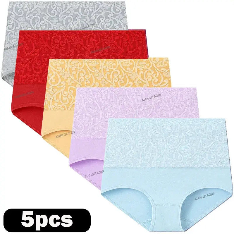 Plus-size cotton high-waist panties, five-piece set, in assorted colors with embossed damask pattern