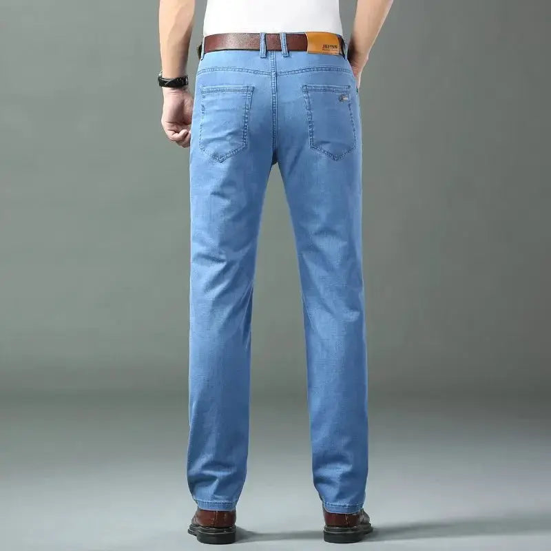 Ice Silk Denim Jeans For Men Blue Straight Stretch Cotton Pants