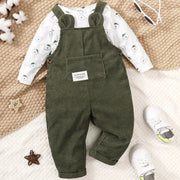 3 To 24 Months Baby Boy Bear Print White Long Sleeve Top And Green Strap Pants Autumn Clothing Set
