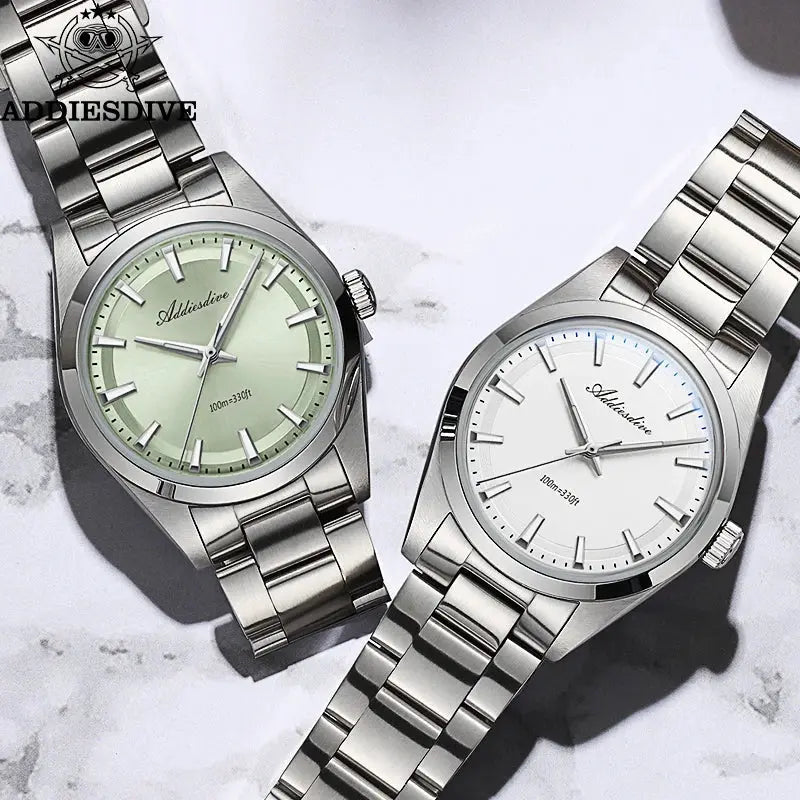Addiesdive 36mm men's watches; two stainless steel models with green and white dials, 100m water resistant quartz