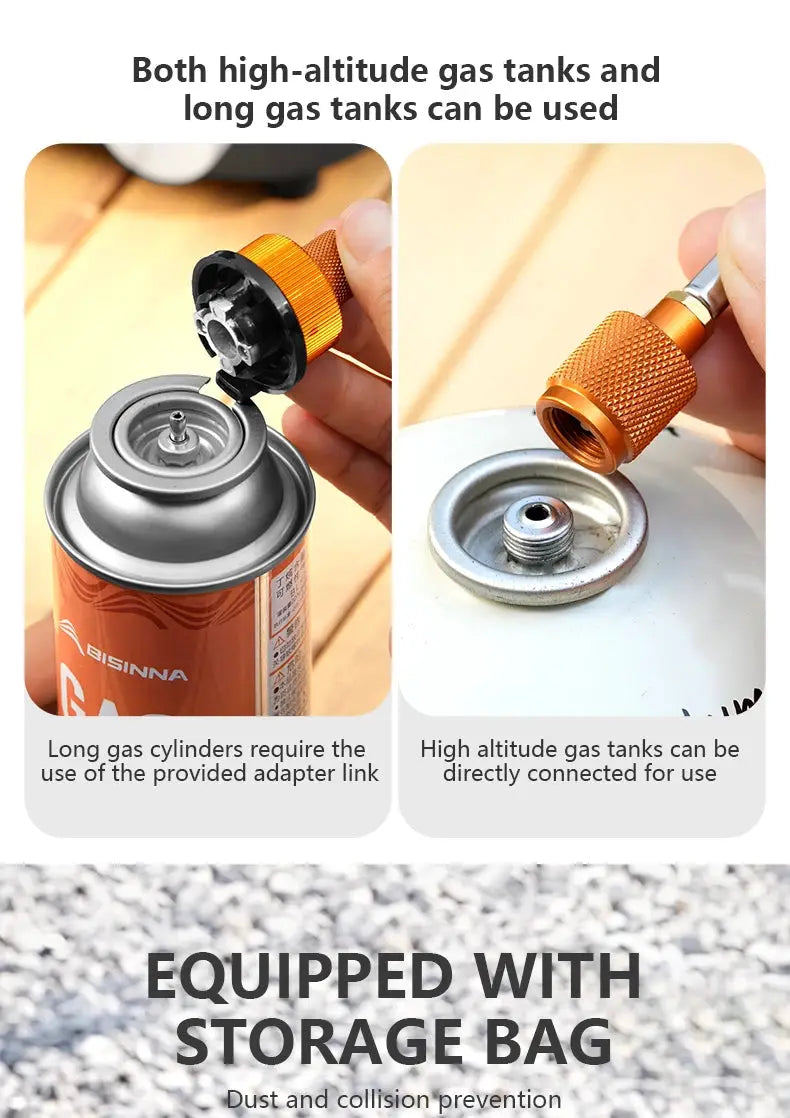BISINNA infrared stove with orange knurled adapter; shown with gas canister and high-altitude gas tank