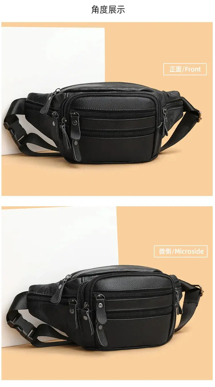 Men's genuine leather fanny pack by Simples Market in black with multiple zip pockets