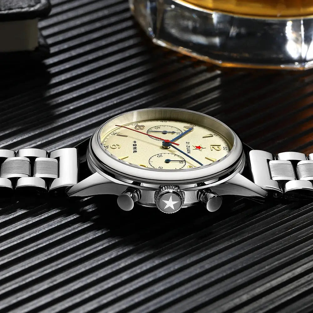 Red Star 38mm men's chronograph watch with stainless steel bracelet and beige dial.