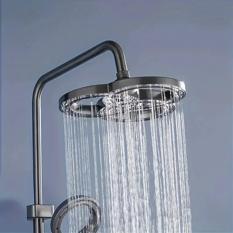Chrome overhead rainfall shower head with ring design and metal arm, high-pressure water flow by Simples Market