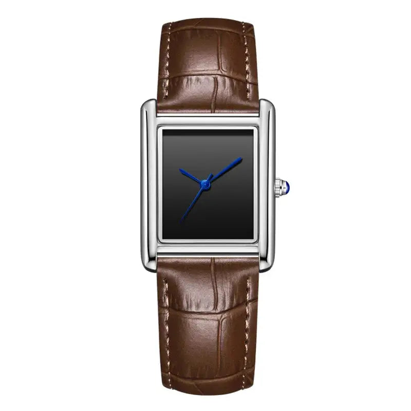 Rectangular unisex wristwatch with brown leather strap, silver case, black dial, blue hands