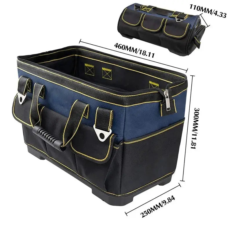 Simples Market multifunction tool bag, blue and black waterproof toolkit with yellow stitching and multiple pockets.