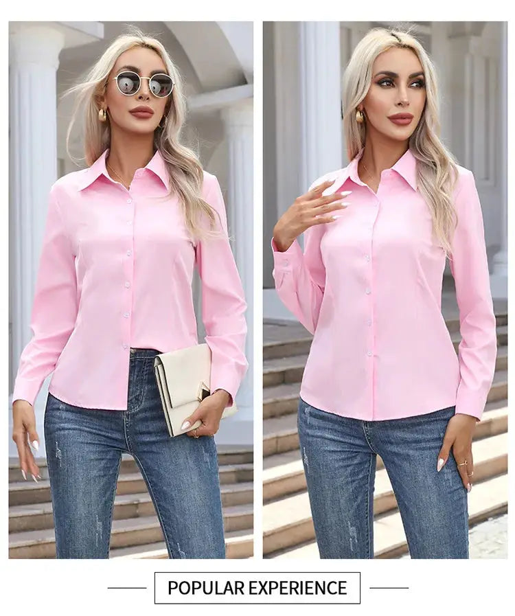 Women pink chiffon button-down shirt, long sleeves, turn-down collar; shown in two views