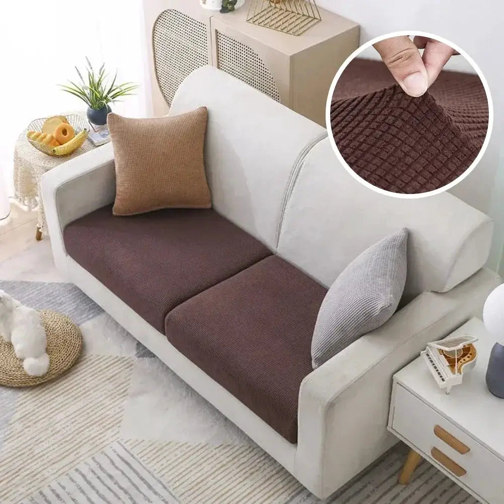 Jacquard polar fleece stretch sofa cover set; Simples Market, brown seat panels on white couch