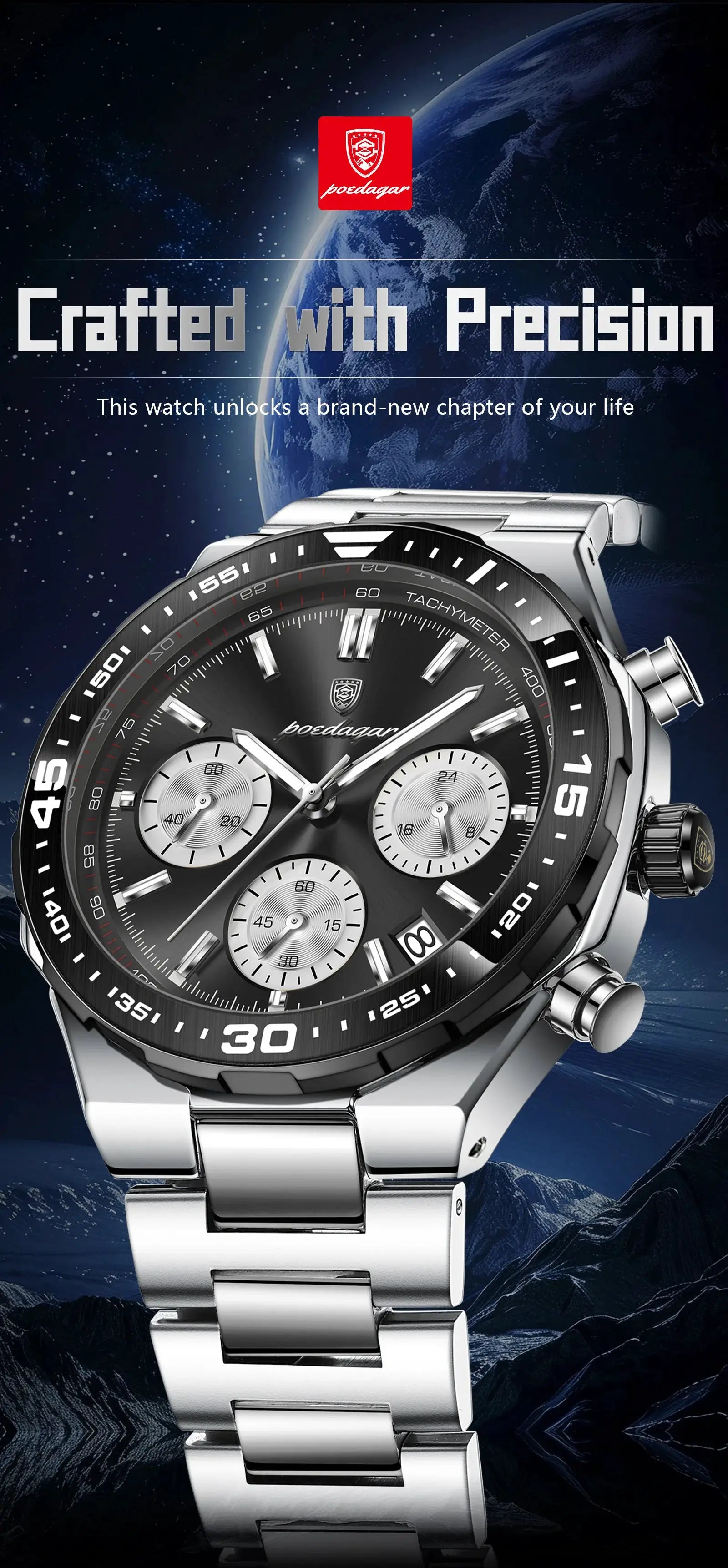 POEDAGAR men's stainless steel chronograph watch with black dial, three subdials and tachymeter bezel