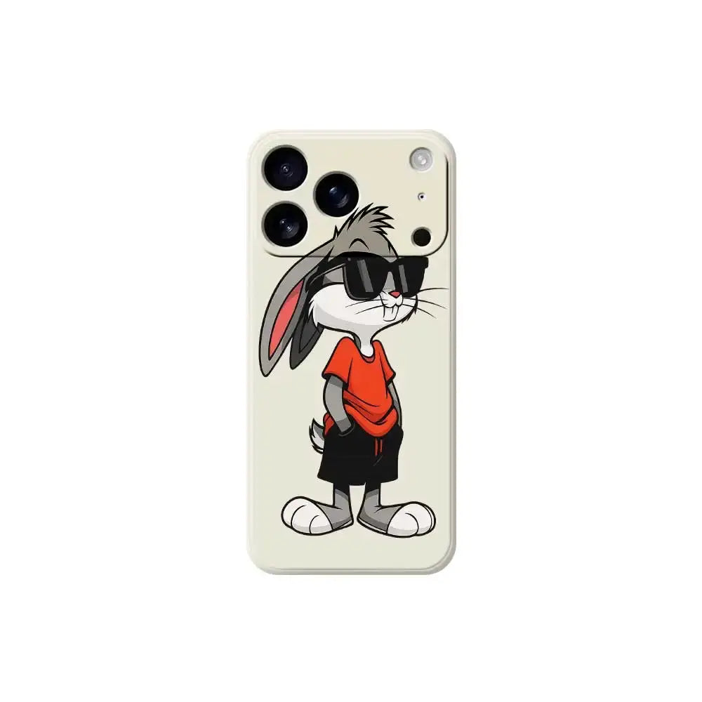 Cool Rabbit iPhone silicone case, beige back, cartoon bunny in red shirt wearing sunglasses