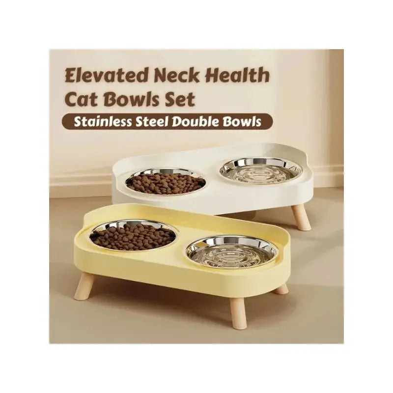 Elevated Neck Health Cat Bowls Set by Simples Market, two color options white and yellow, with dual stainless steel bowls on wooden legs