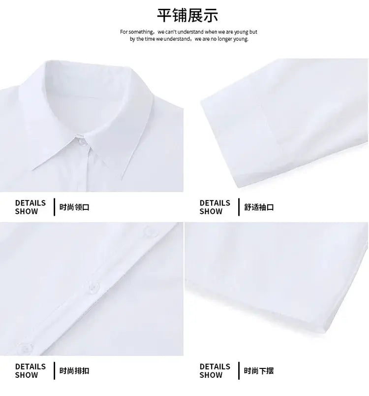 Women's white chiffon button-down blouse with turn-down collar and long sleeves - Simples Market